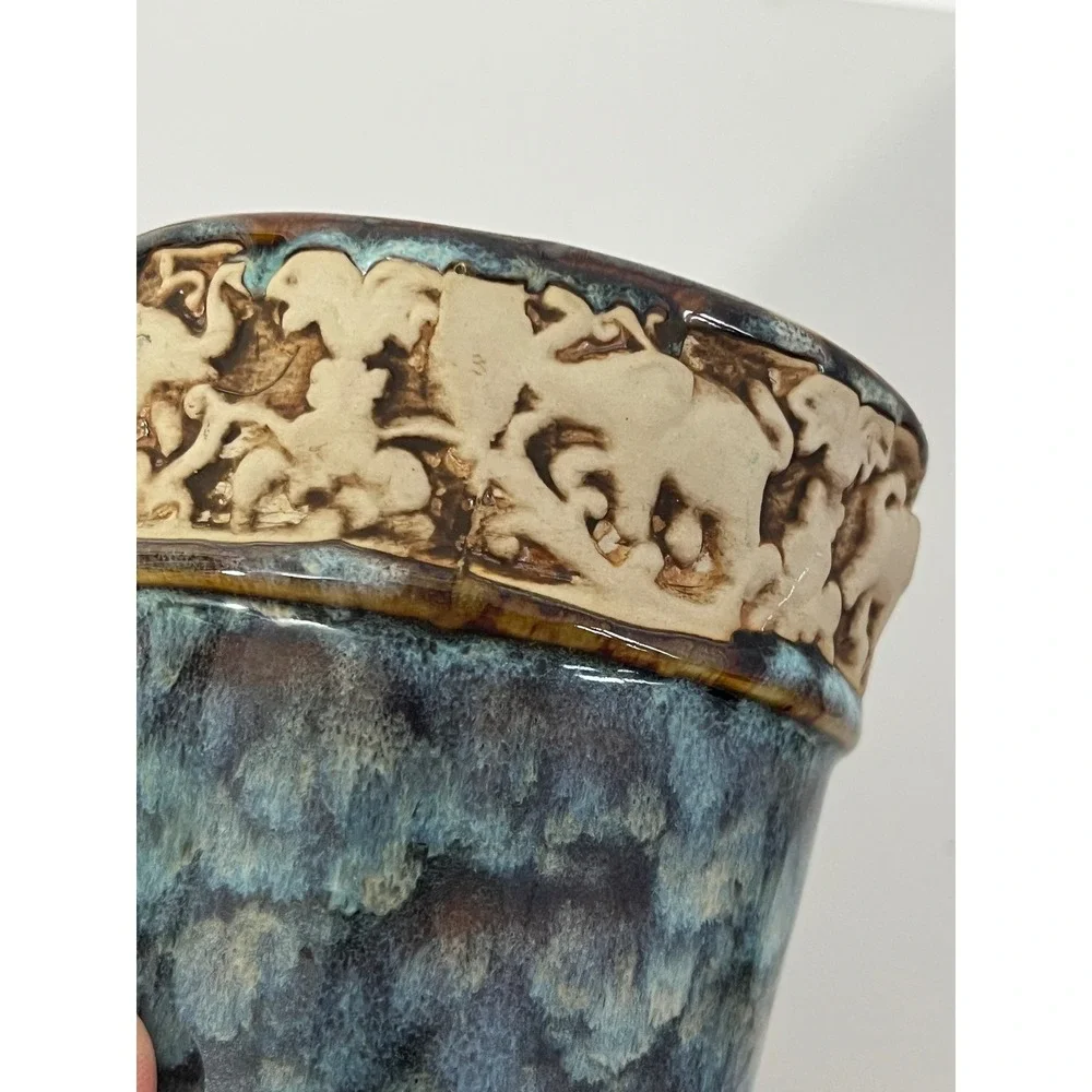 Unbranded Elephant Relief Ceramic Vase OS Blue Brown Mottled‎ Glaze Boho Decor